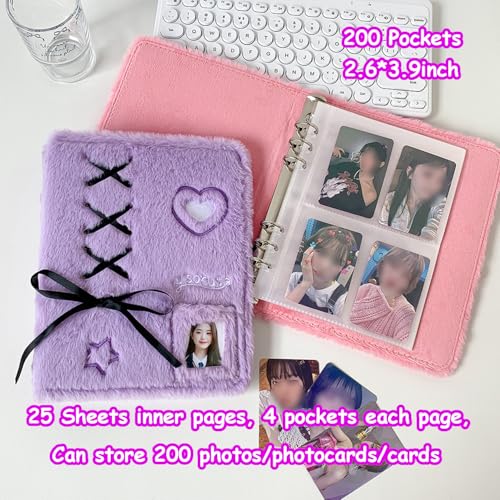 Kpop Photocard Binder A5 Kpop Photocard Holder Book with 50pc Holographic Photocard Sleeves&10 Korean Stickers, 6 Ring A5 Binder Photocard Album 25 Inner Pages with 200 Pocket(Purpleplush) - color: Purpleplush
