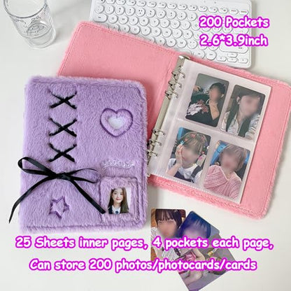 Kpop Photocard Binder A5 Kpop Photocard Holder Book with 50pc Holographic Photocard Sleeves&10 Korean Stickers, 6 Ring A5 Binder Photocard Album 25 Inner Pages with 200 Pocket(Purpleplush) - color: Purpleplush