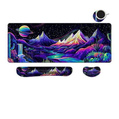 Desk Mat, Large Gaming Mouse Pad with Wrist Rest, 4 in1 XXL Mouse pad+Keyboard Wrist Rest+Mouse Pad Wrist Support+Cup Coaster Set, Ergonomic Desk Pad for Home Office, Neon Landscape - color: Neon Landscape