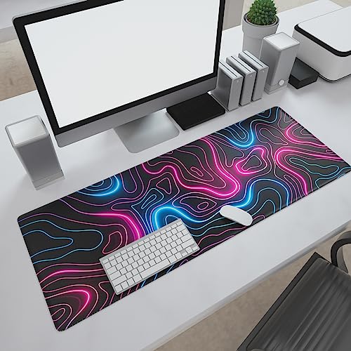 Ovenbird Gaming Mouse Pad with Stitched Edges, Topographic Map Pink Extended XL Mousepad with Anti-Slip Base, Cool Neon Large Mouse Pad for Desk, 31.5 x 11.8 in, Pink and Blue - color: Neon Topo, size: Extended