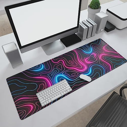 Ovenbird Gaming Mouse Pad with Stitched Edges, Topographic Map Pink Extended XL Mousepad with Anti-Slip Base, Cool Neon Large Mouse Pad for Desk, 31.5 x 11.8 in, Pink and Blue - color: Neon Topo, size: Extended