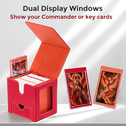 MTG Commander Deck Box with Dual Display Windows and Dice Tray | Fits 100 Double-Sleeved Cards, PU Leather, 2 Magnetic Card Holders, 2 Dividers, Red & Orange - color: 3. Red & Orange