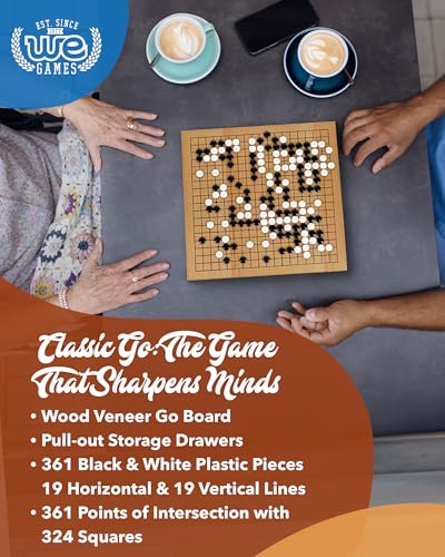 WE Games Go Game Set 12 Inch - Traditional Go Set with Pull-Out Storage Drawers, Portable Wood Veneer Goban, Strategy Board Games for Adults, Go Board Game
