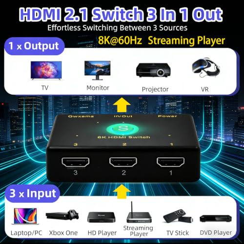 HDMI 2.1 Switch 3 in 1 Out 8K@60Hz, 4K@120Hz HDMI Switcher Wireless Remote | Power By HDMI Cable, Gaming Console, Streaming Device, Home Theater, Projector, Slim Dimension, Long Remote Distances
