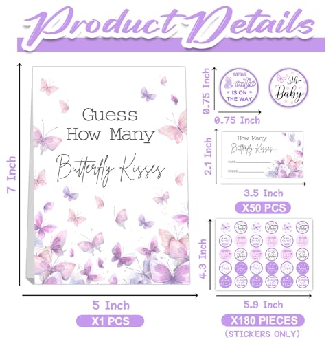 Butterfly Kisses Baby Shower Game Set - Guess How Many Kisses, 50 Cards, Standing Sign, 180 Stickers - color: Butterfly 01