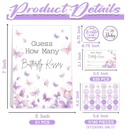 Butterfly Kisses Baby Shower Game Set - Guess How Many Kisses, 50 Cards, Standing Sign, 180 Stickers - color: Butterfly 01