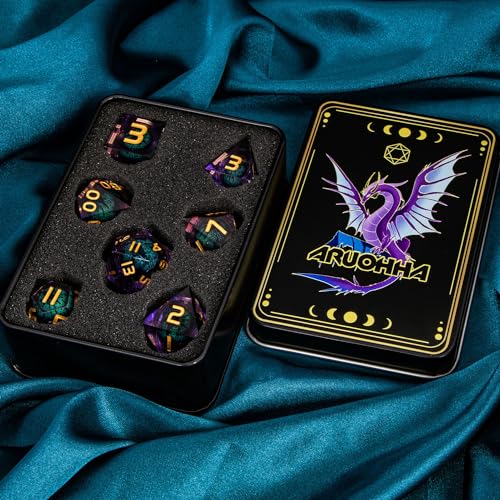 ARUOHHA Dragon Eye DND Dice, Purple Green Resin Sharp Edged Dice Set RPG Role Playing Game, Liquid Core Polyhedral D and D Dice Set D20 D12 D10 D8 D6 D4 - color: Ly03-purple