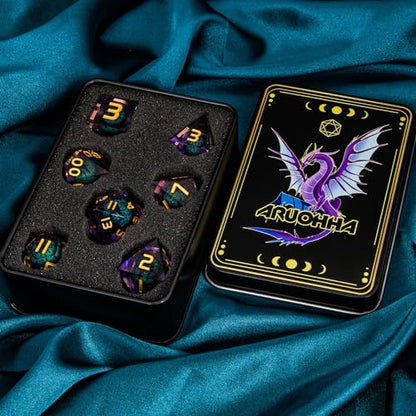 ARUOHHA Dragon Eye DND Dice, Purple Green Resin Sharp Edged Dice Set RPG Role Playing Game, Liquid Core Polyhedral D and D Dice Set D20 D12 D10 D8 D6 D4 - color: Ly03-purple