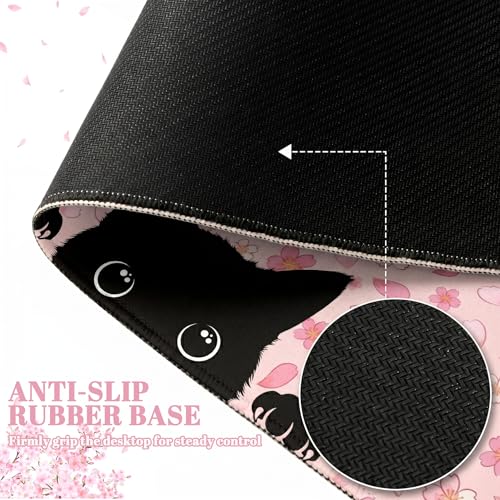 Black Cat Mouse Pad Extended Large Cute Pink Cherry Blossom Desk Mat Big Floral Flowers Desk Pad Set XXL Aesthetic Paw Gaming Mouse Pad for Keyboard Computer Laptop Home Office Girl 31.5X15.7Inches - color: Cherry Blossom Cat