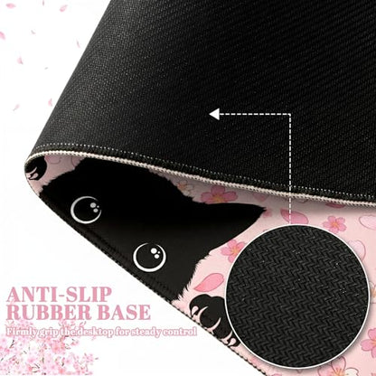 Black Cat Mouse Pad Extended Large Cute Pink Cherry Blossom Desk Mat Big Floral Flowers Desk Pad Set XXL Aesthetic Paw Gaming Mouse Pad for Keyboard Computer Laptop Home Office Girl 31.5X15.7Inches - color: Cherry Blossom Cat