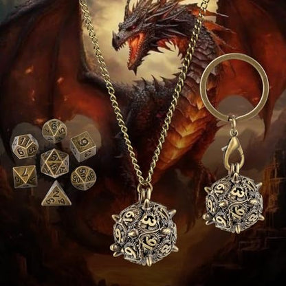 Mini DND Dice Set with D20 Spike Metal Cage Portable Keychain Necklace, Tiny 7pcs Polyhedral D&D Dice Set, DND Gifts with Gift Box, D&D Accessories for RPG, Bronze - color: Bronze