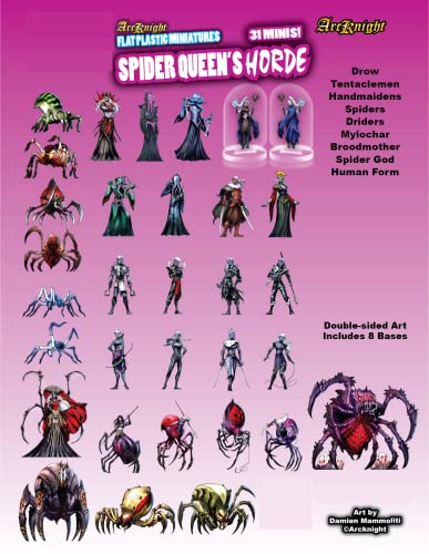 Arcknight Flat Plastic Miniatures: Spider Queen's HORDE; 31 Unique Arachnid and Drow-Themed Enemy Minis for DnD 5e and Pathfinder; Affordable, Skinny Figurines for Dungeons and Dragons and TTRPG games