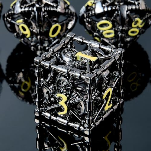 Hollow Grim Reaper Metal DND Dice Set,7-Piece Polyhedral RPG Dice,3D Hollow Wizard Skeleton Design for D&D, RPGs, MTG, and Board Games(Yellow Numbers) - color: Hollow Wizard Black
