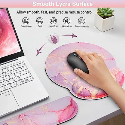 Mouse Pad with Wrist Rest Pink, 3-in-1 Wrist Support Mousepad Set, | Gaming with Anti-Skid Base,Ergonomic Mouse Pad,Memory Foam Keyboard Gel Wrist Rest - color: Pink Blue Marble