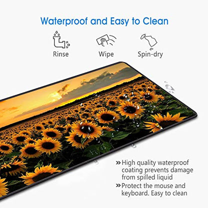 Desk Pad Mat Gaming Mouse Pads with Coasters Set, Stitched Edges Design Mouse Pad XXL Large Mouse Pad for Laptop Computers Sunflower Field Desk Writing Mat for Office & Home 31.5x 11.8 - color: Sunflower Field