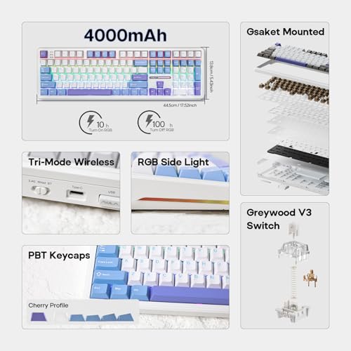 EPOMAKER Aula F108 Wireless Gaming Keyboard, Full Size Mechanical Keyboard with 4000mAh Battery, 108 Hot-Swappable and Programmable Keys, RGB Backlight, for Mac/PC/Android (White&Blue) - color: White&Blue