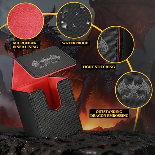 UAONO Card Deck Box for Yugioh MTG Cards, 100+ Deck Case with 2 Dividers Fits TCG CCG, PU Leather Card Storage Box Compatible with Collectible Trading Cards (Black&Red, Extinction Dragon) - color: A-Black&Reds