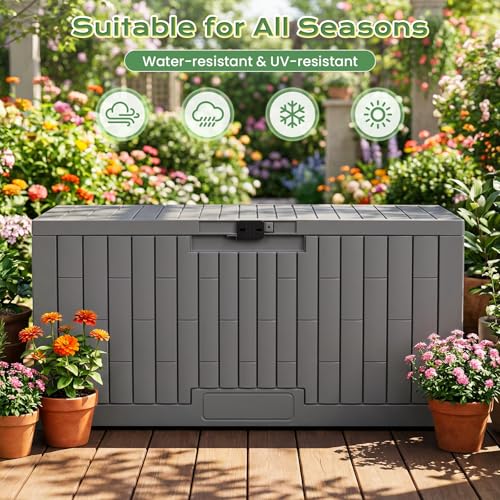 Jocoevol Deck Box 100 Gal, UV Resistant & Waterproof Outdoor Storage Box with Lock, Easy Assemble Storage Bins Container for Pool Patio Garden - size: 100Gal