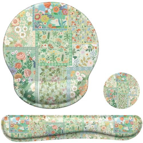 iLeadon Mouse Pad with Wrist Support, Ergonomic Mouse Pad Set | Wrist Pad for Keyboard and Mouse, Easy Typing & Pain Relief Design for Office Home, Non Slip Base with Green Floral Style - color: Green