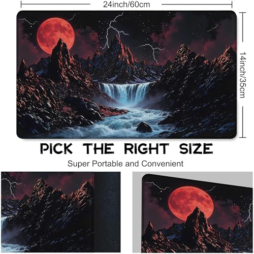Playmat for MTG Sunset Mountains Streams Magic Play Mat 24x14 Inch Card Game Mat for Magic The Gathering TCG PTCG Playmat with Free Storage Bags Non-Slip Backing and Stitched Edge - color: Sunset Mountains Streams No With Zones