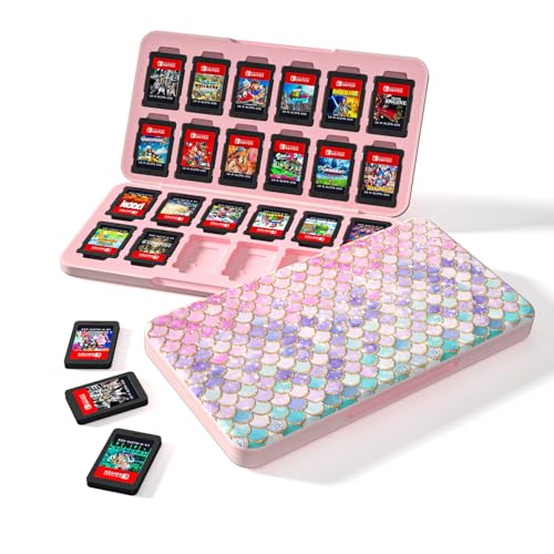 Switch Game Case 24, Switch Game Card Box Holder, Switch OLED Game Case Storage,Soft Lining Rubber and Portable Switch Game Holder - Fish Scales - color: Pink fish scales