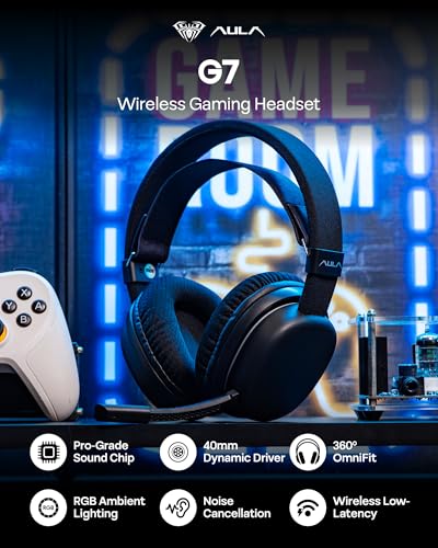 MechLands Aula G7 Wireless Gaming Headset for PS4/PS5/PC/Switch, Over-Ear Headphones with Detachable Noise Canceling Mic, RGB, Surround Sound, 60H Battery, 2.4GHz/BT/Wired (Black) - color: Black