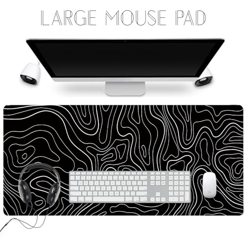 HGWALP Large Gaming TOPO Keyboard Mouse Pad Black Topographic Mouse Pad with Anti-Slip Rubber Base, Extended XXL Long Gaming Mousepad Big Mouse Pads for Desk,31.5 X 11.8 Inch - color: Black Topo