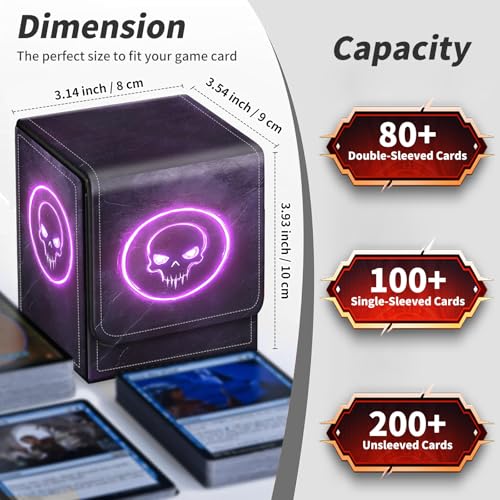 BVDIKMI Card Deck Box for MTG, Card Storage Box Fits 100+ Single Sleeved Cards, PU Leather Strong Magnet Card Deck Case Holder for Magic Commander TCG CCG, Black Skull - color: Black Skull