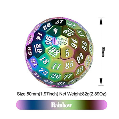 DNDND Rainbow D100 Metal Dice 50mm Single 100 Sided Polyhedral Dice with Metal Case and Velvet Pouch for Table Game(Rainbow with WhiteNumber) - color: Rainbow With White Number