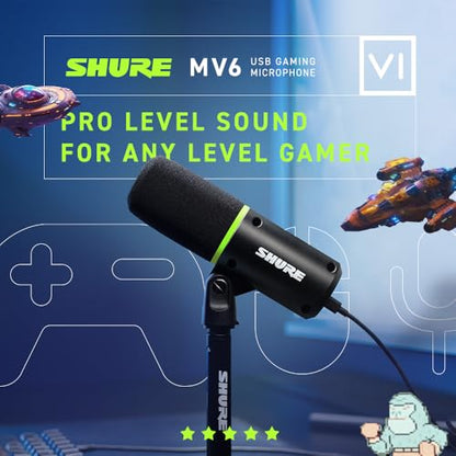 Shure MV6 USB Gaming Microphone for Streaming & Recording | Dynamic USB PC mic with desktop stand, noise cancellation, tap-to-mute and 3.5mm headphone monitoring for gaming - size: 300.5625 cubic inches