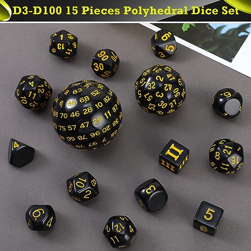 Civaner 15 Pcs Complete Polyhedral Dice Set D3-D100 Spherical RPG Dice Set in Opaque Black, 100 Sides for Role Playing Table Games Party Supplies(Black and Yellow) - color: Black and Yellow