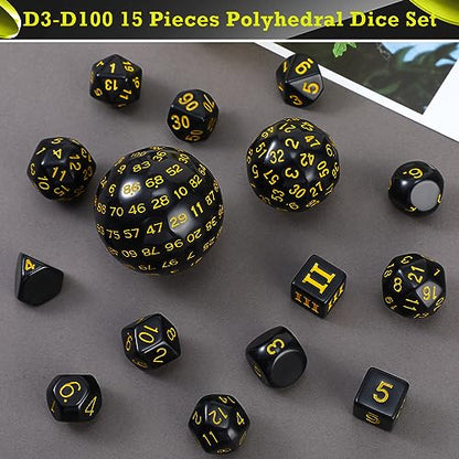 Civaner 15 Pcs Complete Polyhedral Dice Set D3-D100 Spherical RPG Dice Set in Opaque Black, 100 Sides for Role Playing Table Games Party Supplies(Black and Yellow) - color: Black and Yellow