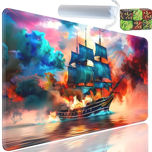 Playmat for MTG, 24x14 Inches Playmats, for TCG and CCG Trading Card Game Mat, Non-Slip Rubber for MTG Playmats with A Storage Bag and 6 Dice Set, Destroyed Pirate Ship Pattern - color: Yu-Playmat-1-A12