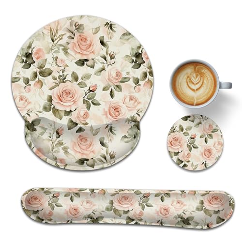 Pink Roses Keyboard Wrist Rest Pad Ergonomic Mouse Pad Set,Vintage 3 in 1 Memory Foam Mouse Pad with Non Slip Base for Office and Home - color: Pink Roses Vintage