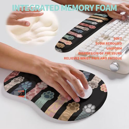 2-in-1 Ergonomic Set, Wave Rise Keyboard Wrist Rest and Massage Bulge Slope Mouse Pad Wrist Support, Cushion Memory Foam Integrated to Relieve Wrist Pain, Multicolour Cat Claws - color: Multicolour Cat Claws
