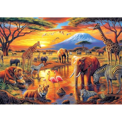 MINIWAN 1000 Piece Jigsaw Puzzles for Adults & Seniors - African Safari Animals Kilimanjaro Sunset Puzzle, 27.5"x19.7" Adult Puzzle with Letters on Back & Reference Poster - color: African Safari Animals