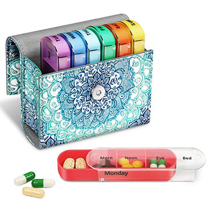 FINPAC Weekly Pill Organizers 4 Times A Day, Slide Open PU Leather Case Travel Pill Vitamin Medicine Reminder and Planner with Name Card for Morning| Afternoon| Evening| Bedtime (Emerald Illusions) - color: Emerald Illusions