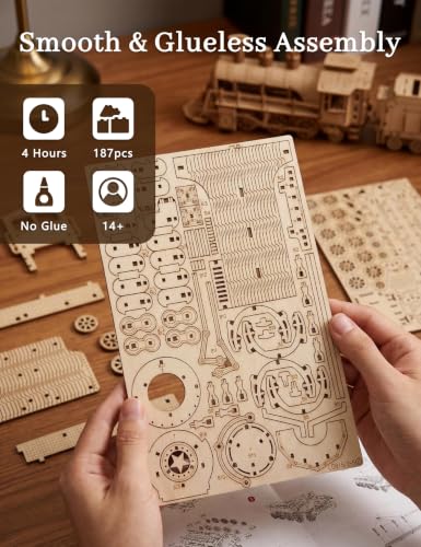 BOOZUU 3D Wooden Steam Train Puzzle for Adults, Build and Paint Wooden Train Model Kit, 282 Pcs DIY Train Craft for Teen Age 14+