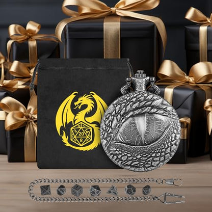 Mini DND Dice Set with Retro Dragon's eyes Pocket Watch Shell Case, DND Starter Set, 7pcs Polyhedral Mini Metal Dice Set, D&D Gifts with Gift Bag, Role Playing Board Game Accessories, Dark Silver - color: Dark Silver