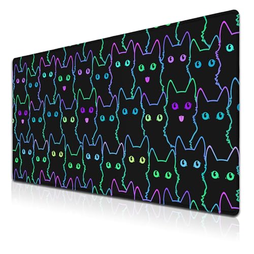 Big Mouse Pad Black Purple The Desk Pad Computer Mouse Pads Keyboard Pads Deskmat Waterproof Non-Slip Rubber Base 35.4" X 15.7" for Game Office, Cartoon Cat with Neon Lines Design - color: Cartoon Cat