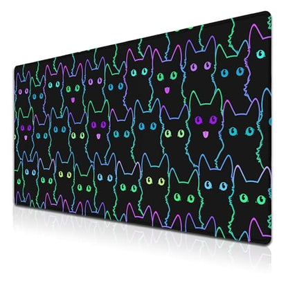 Big Mouse Pad Black Purple The Desk Pad Computer Mouse Pads Keyboard Pads Deskmat Waterproof Non-Slip Rubber Base 35.4" X 15.7" for Game Office, Cartoon Cat with Neon Lines Design - color: Cartoon Cat