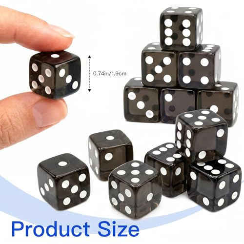 12 Piece 19 mm Casino Style Dice Set, Acrylic Translucent D6 Dice with Square Rounded Edge, Black for Craps, Table Games, Board Games, RPG, MTG, DND(Black) - color: Black