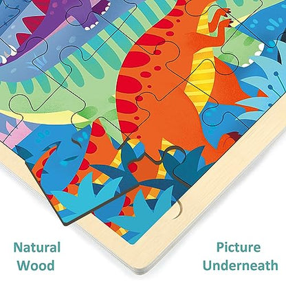 Wooden Puzzles for Kids Ages 3-5, 4 Packs 24 Piece Jigsaw Puzzles for 3 Year Old Boys Girls, Farm Urban Dinosaur Forest Animals Preschool Educational Brain Teaser Boards Toys