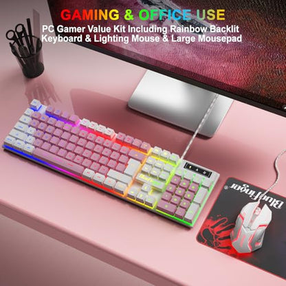 BlueFinger RGB Gaming Keyboard and Backlit Mouse Combo, USB Wired, LED Gaming Set for Laptop PC Computer Game and Work (White & Pink) - color: White & Pink