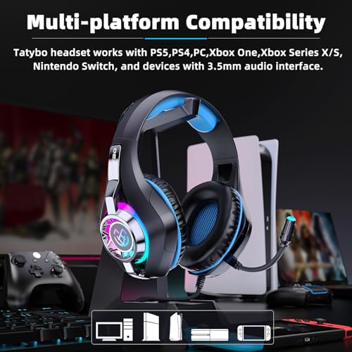 Tatybo Gaming Headset for PC, Ps5, Ps4, Switch, Mobile, Xbox Headset with Deep Bass Stereo Sound, Over Ear Gaming Headphones with Noise Canceling Mic, RGB, Ps5 Headset for Nintendo, Xbox - color: Black Blue
