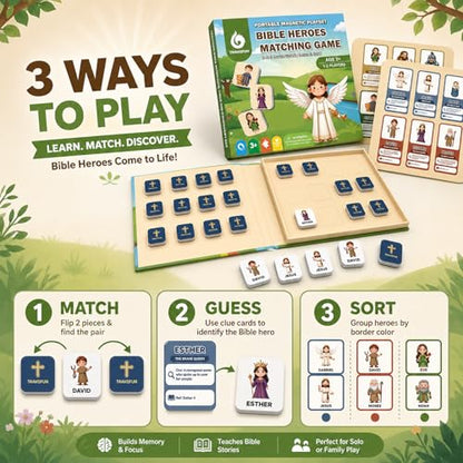 Travofun Magnetic Bible Matching Game, Memory & Clue Cards, Ages 4-8 | Magnetic memory matching with Bible character clue cards for church, Sunday school, family learning and travel. - style: Bible Heroes Game