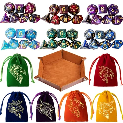 DND Dice Set 42 Pcs Polyhedral Dungeons and Dragons Rolling Dice for D&D RPG MTG Table Games Dice Bulk with Colorful Drawstring Bags and Dice Tray (Star-Tray) - color: Star-tray