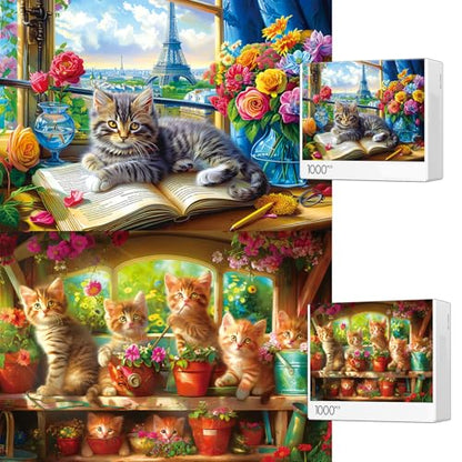 Jigsaw Puzzles 2 Pack 1000 Pieces - Puzzles for Adults - Cats Kitten in Flower Room - Funny Pets Puzzles for Adults 1000 Pieces and up - color: Cats Kitten in Flower Room & Paris