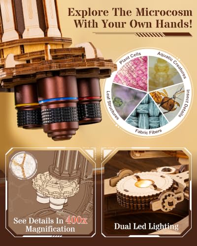 ROKR Wooden 3D Puzzle Building Kit, Real Optical Microscope with 40X-400X Magnification, STEM Science Toy for Students and Adults(ST005)