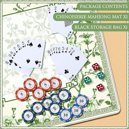 Chinoiserie Mahjong Mat with 1 Carrying Bag 31.5" x 31.5" Green and White Rubber Anti Slip and Noise Reduction Multi Purpose Game Table Cover for Mahjong, Card, Board Tile Games - color: Green